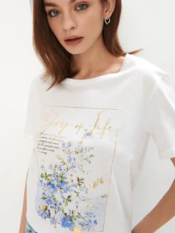 MOHITO Bawełniany t-shirt z kwiatowym printem biau0142y Clearance