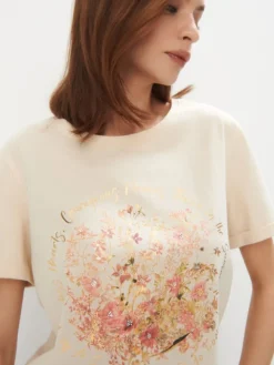 MOHITO Bawełniany t-shirt z kwiatowym printem beu017cowy Best