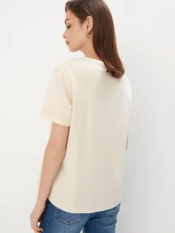 MOHITO Bawełniany t-shirt z kwiatowym printem beu017cowy Best