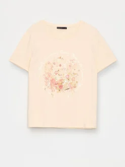 MOHITO Bawełniany t-shirt z kwiatowym printem beu017cowy Best