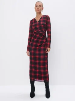 MOHITO Czerwona sukienka midi w kratę czerwony Fashion