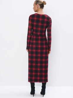 MOHITO Czerwona sukienka midi w kratę czerwony Fashion