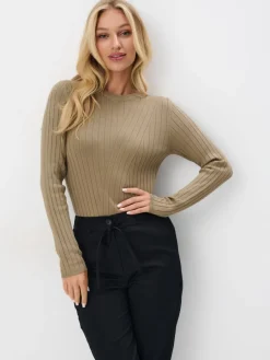 MOHITO Dopasowany sweter w prążki khaki Online