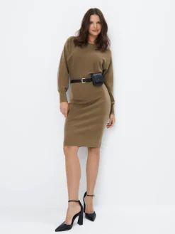 MOHITO Dzianinowa sukienka midi z paskiem khaki Hot