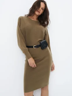 MOHITO Dzianinowa sukienka midi z paskiem khaki Hot
