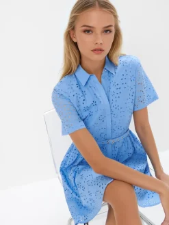 MOHITO Koszulowa błękitna sukienka mini z bawełny bu0142u0119kitny Fashion