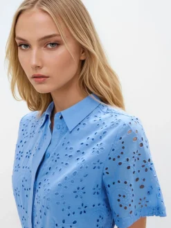 MOHITO Koszulowa błękitna sukienka mini z bawełny bu0142u0119kitny Fashion