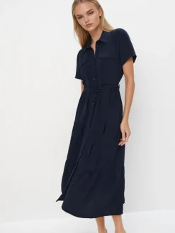 MOHITO Koszulowa granatowa sukienka midi granatowy Fashion