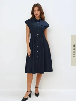 MOHITO Koszulowa granatowa sukienka midi z lyocellu granatowy Fashion