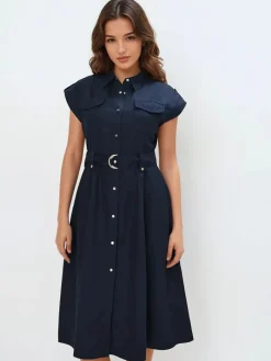 MOHITO Koszulowa granatowa sukienka midi z lyocellu granatowy Fashion