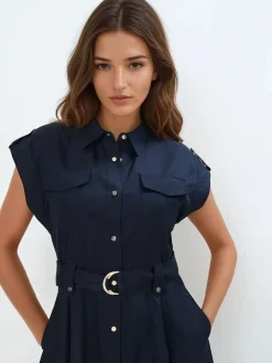 MOHITO Koszulowa granatowa sukienka midi z lyocellu granatowy Fashion