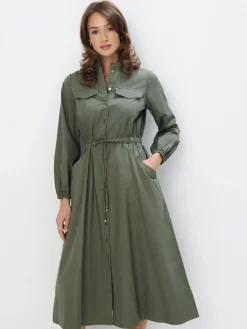 MOHITO Koszulowa zielona sukienka midi z bawełny khaki Fashion