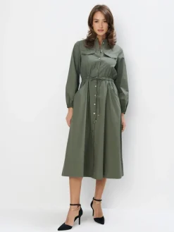 MOHITO Koszulowa zielona sukienka midi z bawełny khaki Fashion