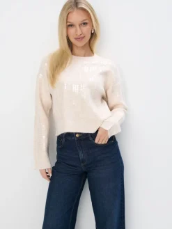 MOHITO Kremowy sweter z cekinami beu017cowy Sale