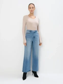 MOHITO Prążkowana beżowa bluzka z wiskozą beu017cowy Outlet