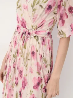 MOHITO Różowa sukienka midi w kwiaty beu017cowy Fashion