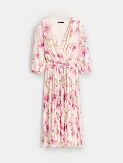 MOHITO Różowa sukienka midi w kwiaty beu017cowy Fashion
