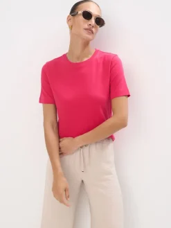 MOHITO Różowy t-shirt z merceryzowanej bawełny fuksjowy Sale