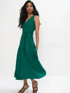 MOHITO Zielona sukienka midi z lnu i wiskozy zielony Fashion